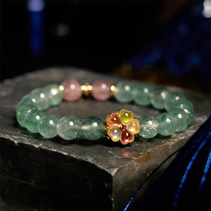 Braccialetto con carattere Fu rilassante in quarzo fragola verde naturale Buddha Stones