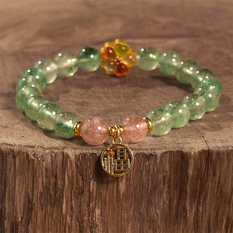 Braccialetto con carattere Fu rilassante in quarzo fragola verde naturale Buddha Stones
