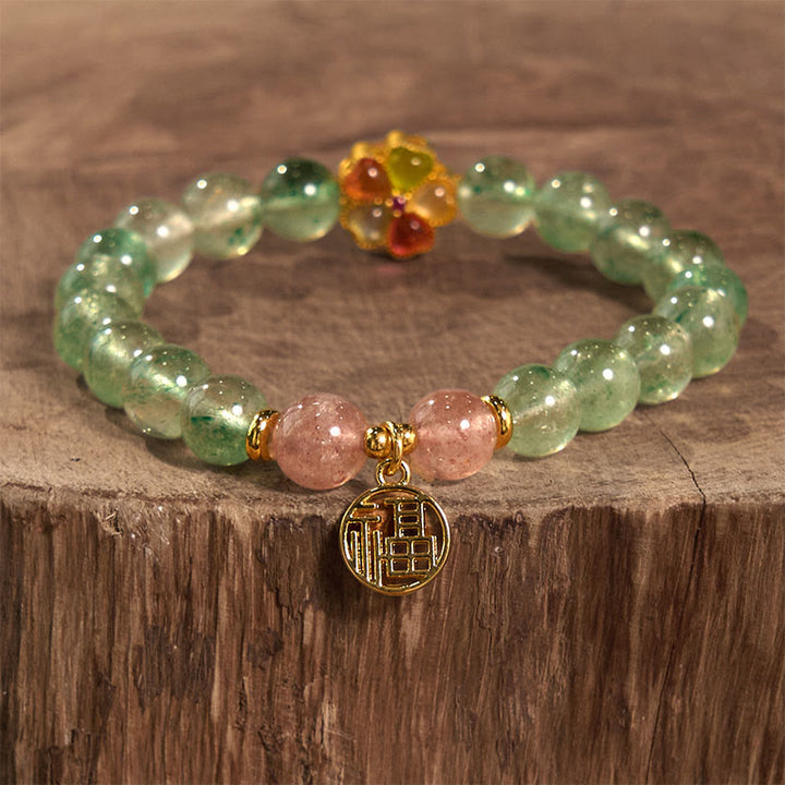 Braccialetto con carattere Fu rilassante in quarzo fragola verde naturale Buddha Stones