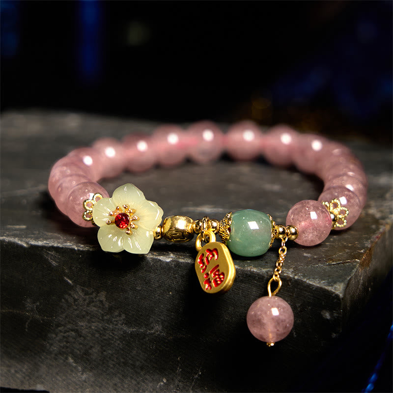 Braccialetto di guarigione positivo con carattere Fu, quarzo fragola naturale Buddha Stones