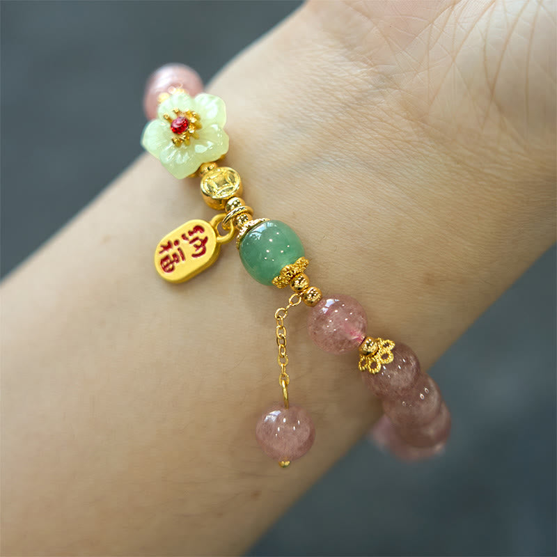 Braccialetto di guarigione positivo con carattere Fu, quarzo fragola naturale Buddha Stones