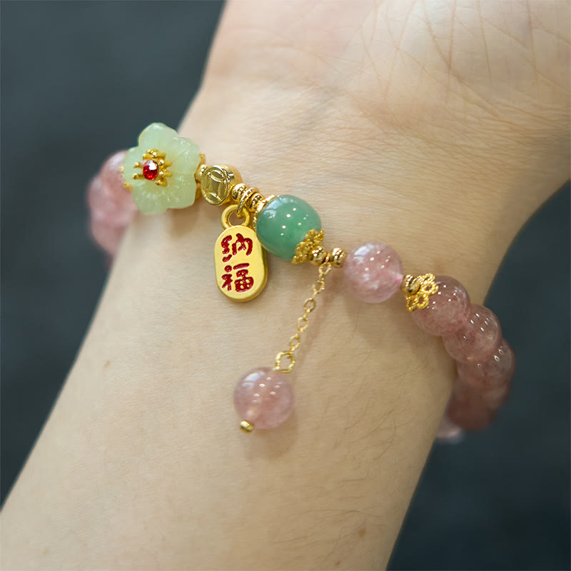 Braccialetto di guarigione positivo con carattere Fu, quarzo fragola naturale Buddha Stones