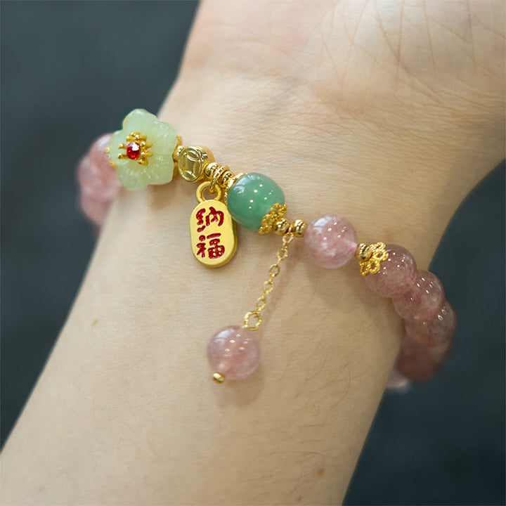 Braccialetto di guarigione positivo con carattere Fu, quarzo fragola naturale Buddha Stones