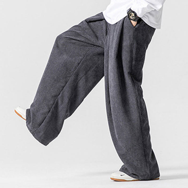 Pantaloni a gamba larga da uomo in velluto a coste di cotone tinta unita Buddha Stones con tasche