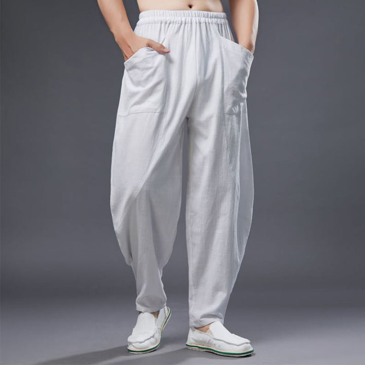 Pantaloni harem da uomo in cotone ramiè e lino tinta unita con elastico in vita e tasche , Buddha Stones