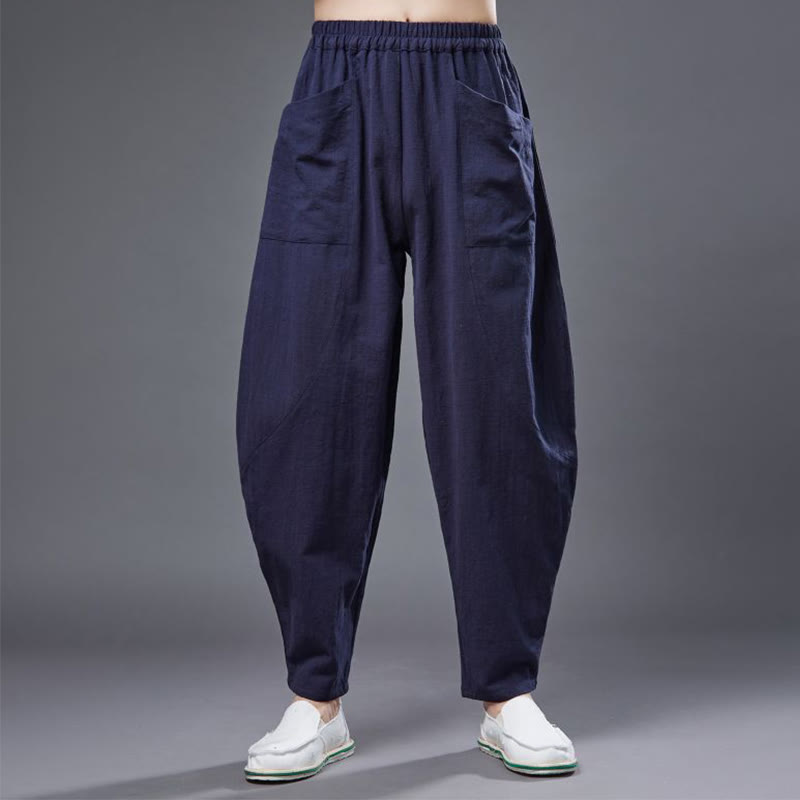 Pantaloni harem da uomo in cotone ramiè e lino tinta unita con elastico in vita e tasche , Buddha Stones