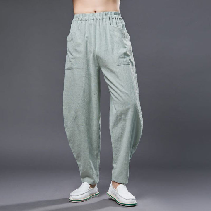 Pantaloni harem da uomo in cotone ramiè e lino tinta unita con elastico in vita e tasche , Buddha Stones