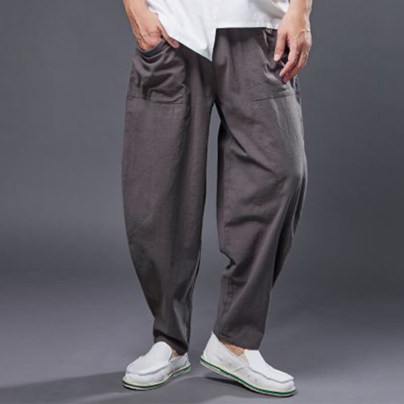 Pantaloni harem da uomo in cotone ramiè e lino tinta unita con elastico in vita e tasche , Buddha Stones