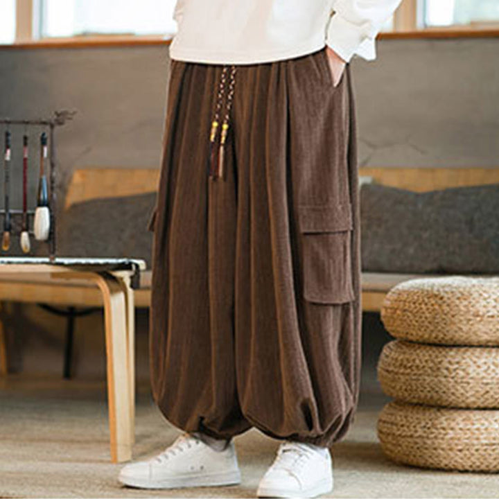 Pantaloni cargo in velluto a coste con coulisse e tasche da uomo Buddha Stones autunno inverno - image 21