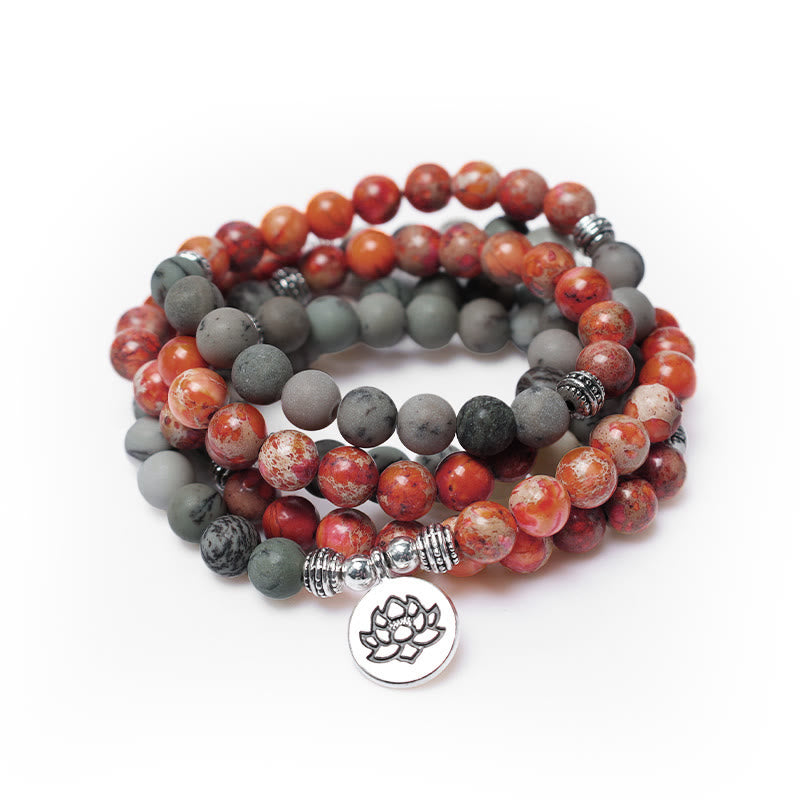Buddha Stones 108 Mala Beads Pietra naturale Sedimento marino Jasper Lotus Bracciale di protezione