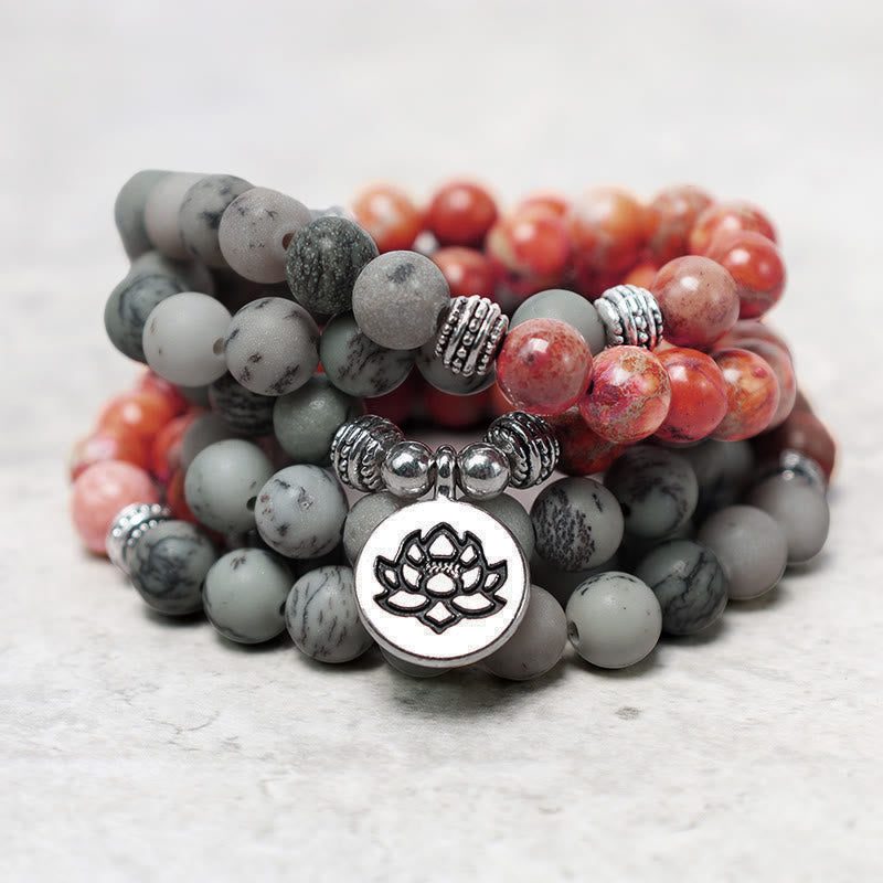 Buddha Stones 108 Mala Beads Pietra naturale Sedimento marino Jasper Lotus Bracciale di protezione