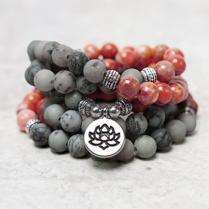 Buddha Stones 108 Mala Beads Pietra naturale Sedimento marino Jasper Lotus Bracciale di protezione