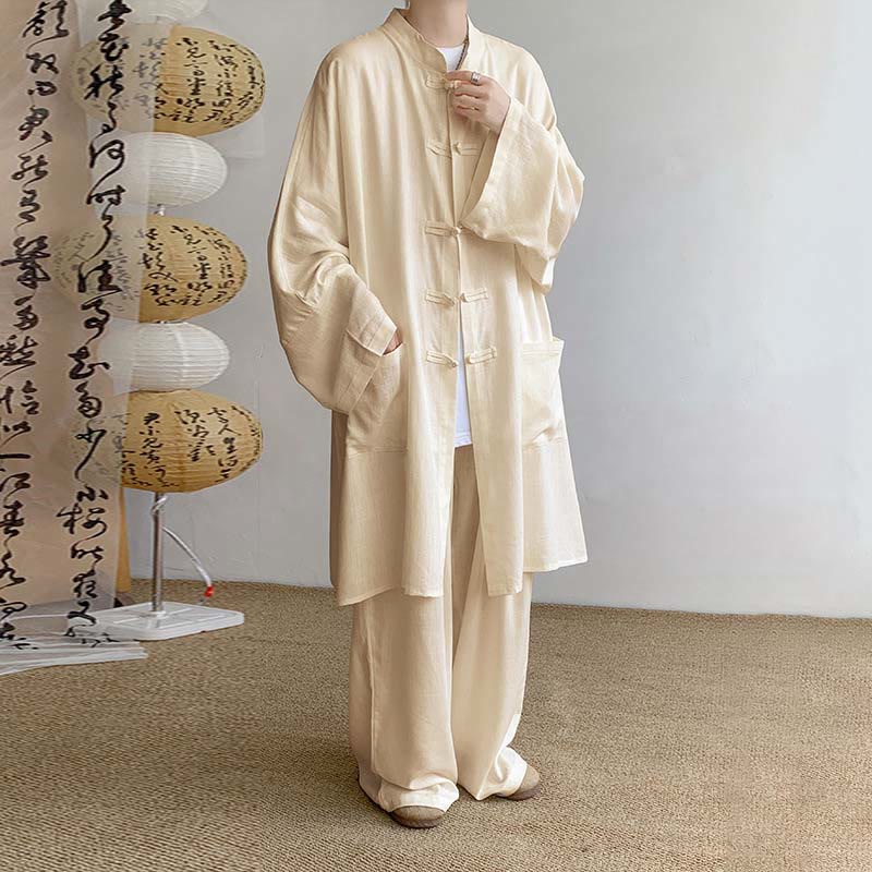 Buddha Stones 2 pezzi da uomo manica lunga rana-bottoni camicia pantaloni meditazione zen cotone abbigliamento set - Grano - US/UK/AU46, EU56 (5XL) - image 1