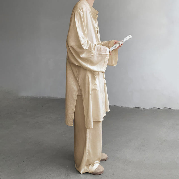 Buddha Stones 2 pezzi da uomo manica lunga rana-bottoni camicia pantaloni meditazione zen cotone abbigliamento set - image 3