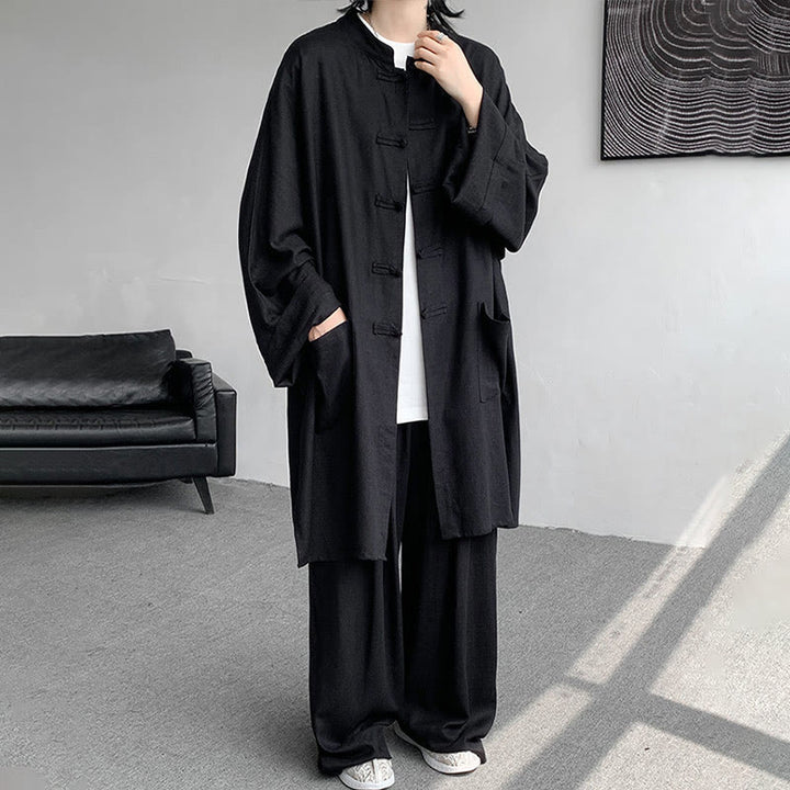 Buddha Stones 2 pezzi da uomo manica lunga rana-bottoni camicia pantaloni meditazione zen cotone abbigliamento set - Nero - US/UK/AU46, EU56 (5XL) - image 21