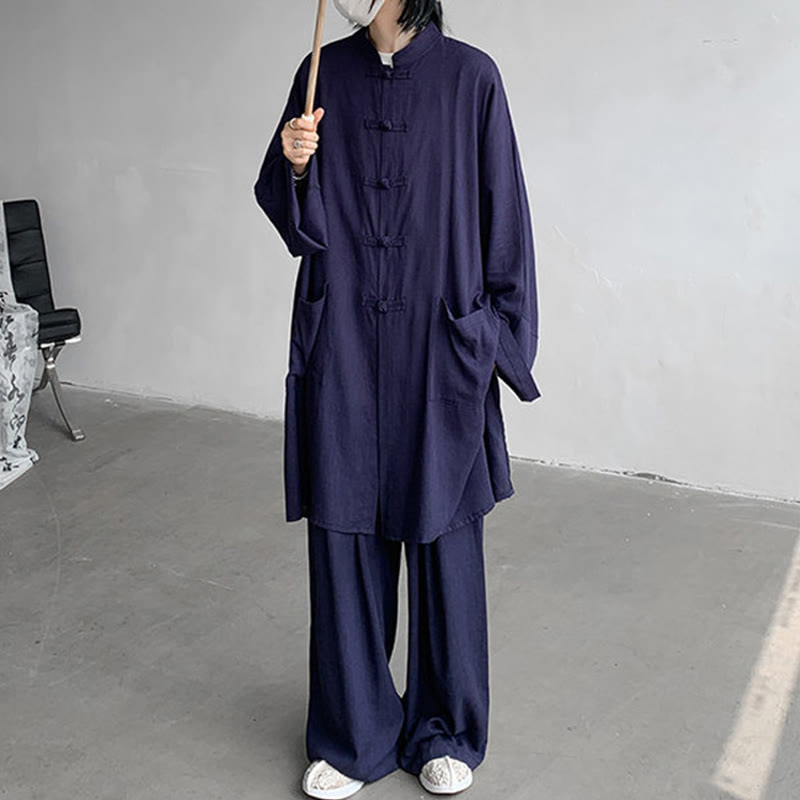 Buddha Stones 2 pezzi da uomo manica lunga rana-bottoni camicia pantaloni meditazione zen cotone abbigliamento set - image 14