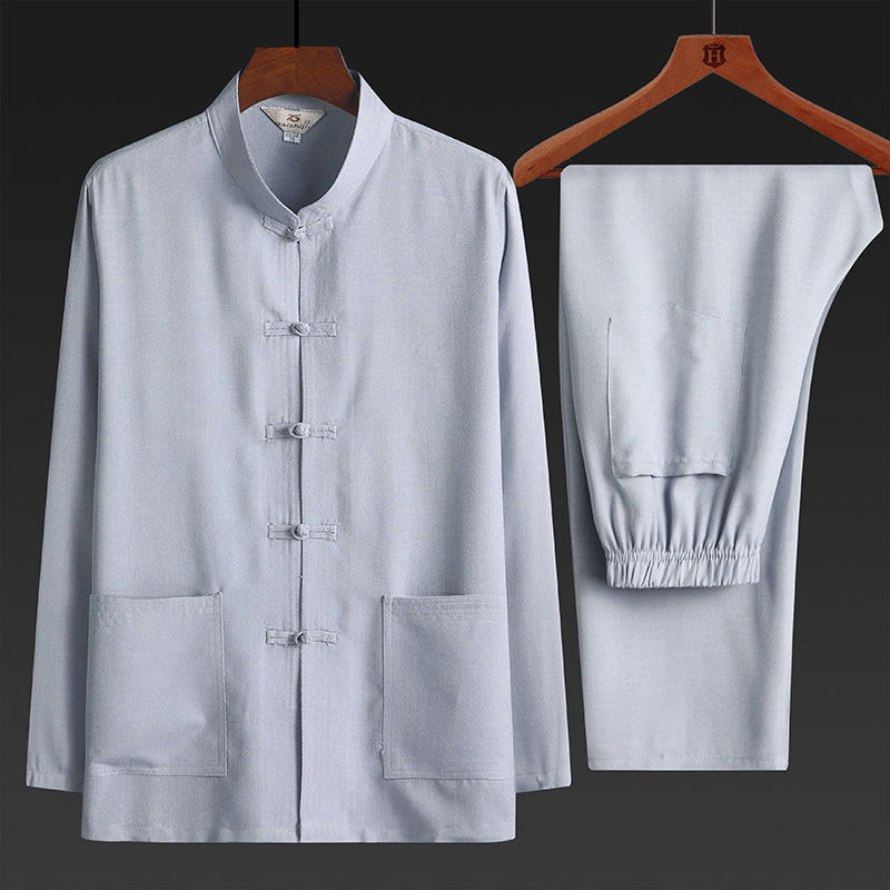 Buddha Stones 2 pezzi Tang Suit tinta unita Frog-Bottone uomo manica lunga camicia pantaloni set - Grigio chiaro - Set da 2 pezzi - US/UK/AU44, EU54 (4XL) - image 5