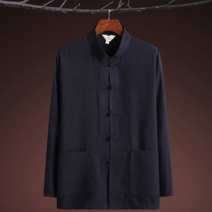 Buddha Stones 2 pezzi Tang Suit tinta unita Frog-Bottone uomo manica lunga camicia pantaloni set - image 1