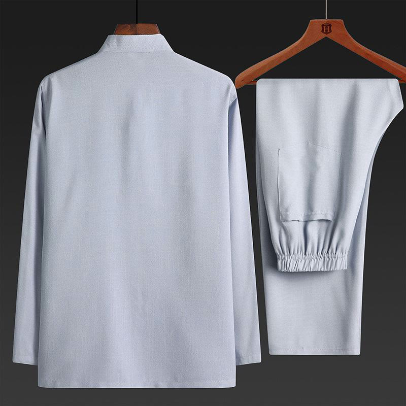 Buddha Stones 2 pezzi Tang Suit tinta unita Frog-Bottone uomo manica lunga camicia pantaloni set - image 6