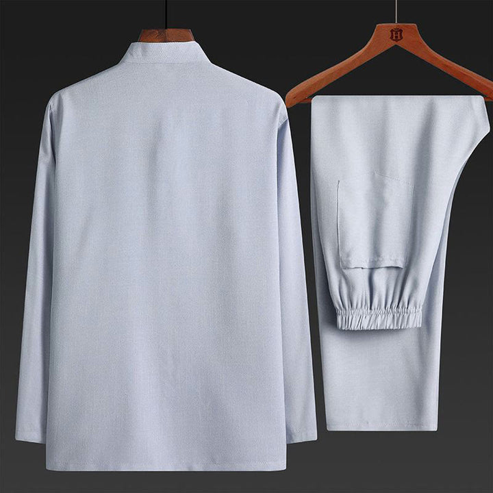 Buddha Stones 2 pezzi Tang Suit tinta unita Frog-Bottone uomo manica lunga camicia pantaloni set - image 6