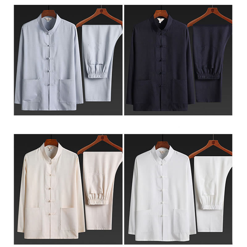 Buddha Stones 2 pezzi Tang Suit tinta unita Frog-Bottone uomo manica lunga camicia pantaloni set - image 24