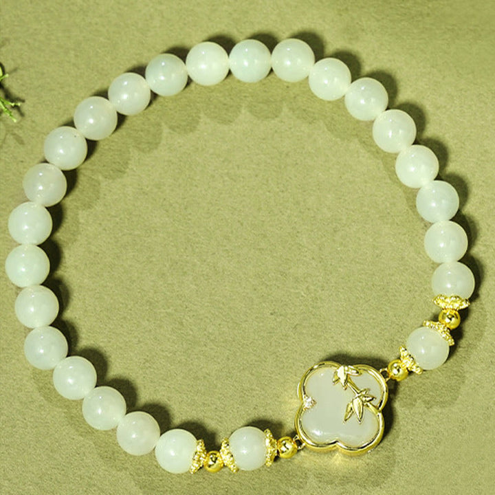 Braccialetto portafortuna in bambù con quadrifoglio in argento sterling 925, Buddha Stones , giada Hetian