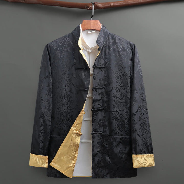 Buddha Stones Uomo Rana-Bottone Tang Suit Koi Fish Pattern Giacca Manica Lunga Camicia Con Tasche