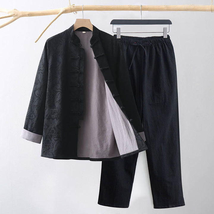 Buddha Stones 2 pezzi da uomo Tang Suit Jacquard Vine Pattern Frog-Bottone in cotone a maniche lunghe Camicia Pantaloni Set - Nero - US/UK/AU44, EU54 (4XL) - image 10