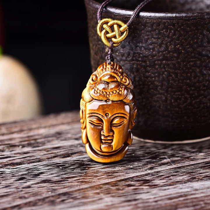 Buddha Stones Occhio di Tigre Kwan Yin Avalokitesvara Testa Corda Forza Collana Pendente