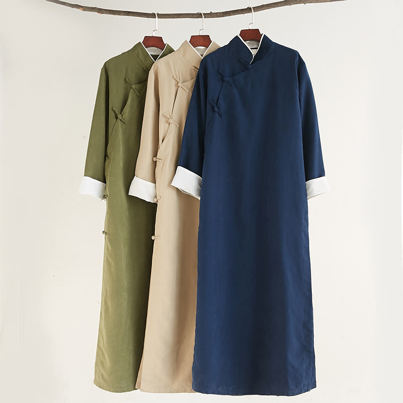 Buddha Stones Autunno Tinta Unita Cinese Rana-Bottone Cotone Uomo Tang Suit Vestaglia