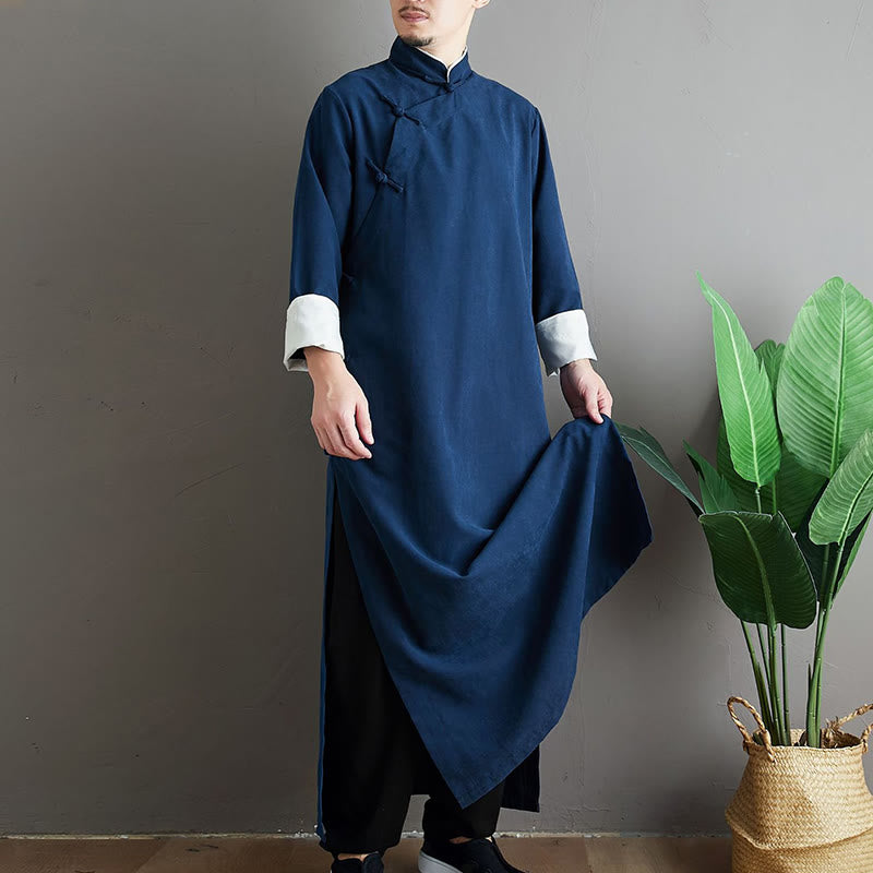 Buddha Stones Autunno Tinta Unita Cinese Rana-Bottone Cotone Uomo Tang Suit Vestaglia