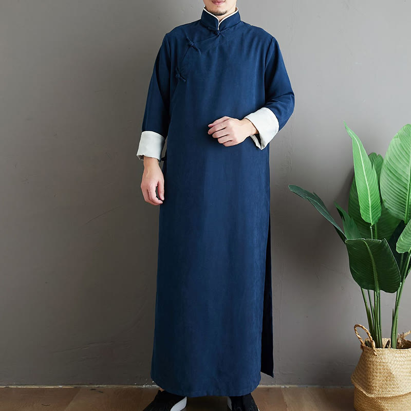 Buddha Stones Autunno Tinta Unita Cinese Rana-Bottone Cotone Uomo Tang Suit Vestaglia