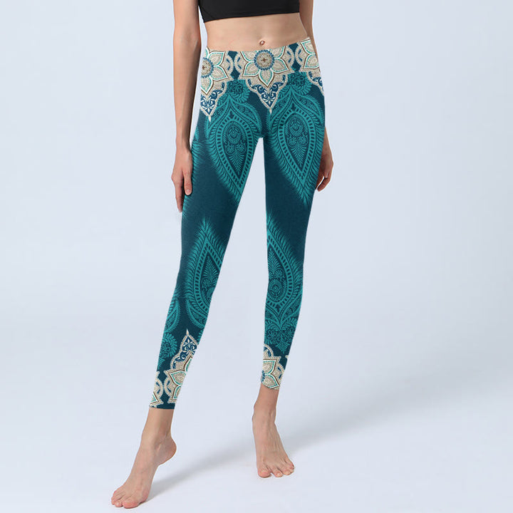 Leggings da palestra con stampa di fiori e piume verdi Buddha Stones, pantaloni da yoga da donna - image 6
