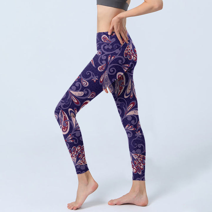 Leggings da palestra con stampa di petali di fiori viola Buddha Stones da donna, pantaloni da yoga - image 3