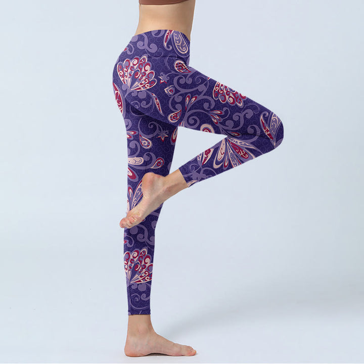 Leggings da palestra con stampa di petali di fiori viola Buddha Stones da donna, pantaloni da yoga - image 4