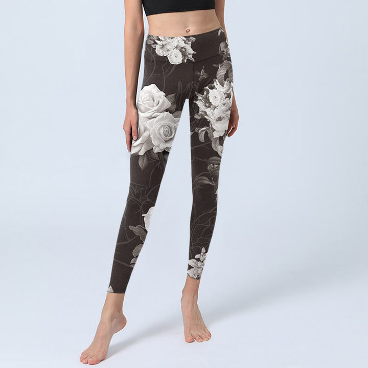 Buddha Stones da palestra fitness con stampa di rose bianche e grigie, pantaloni da yoga da donna - image 6
