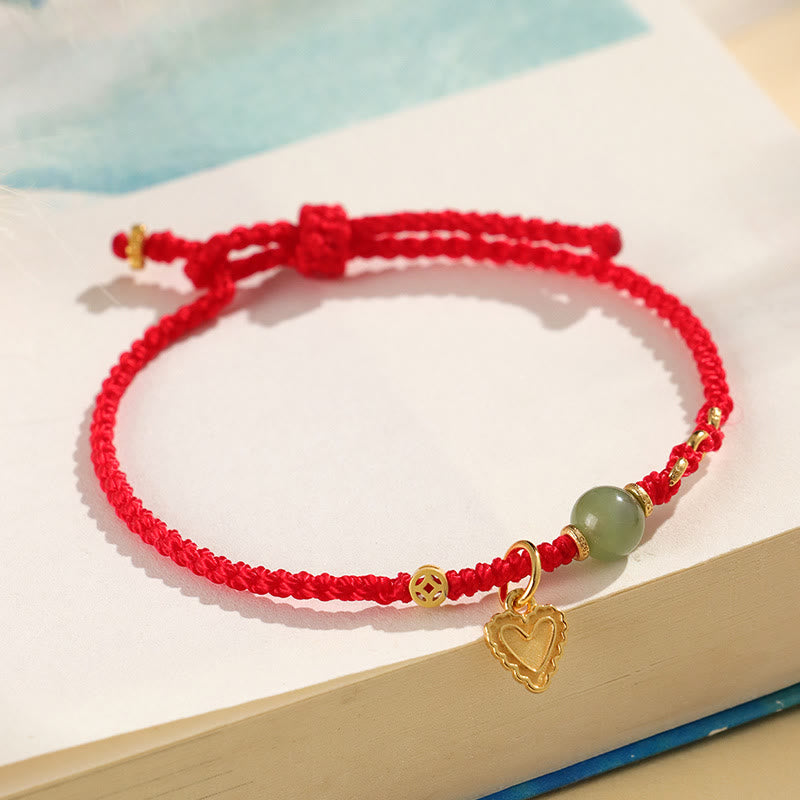 Buddha Stones 925 Sterling Silver Hetian Jade Bead Copper Coin Love Heart Charm Braccialetto portafortuna