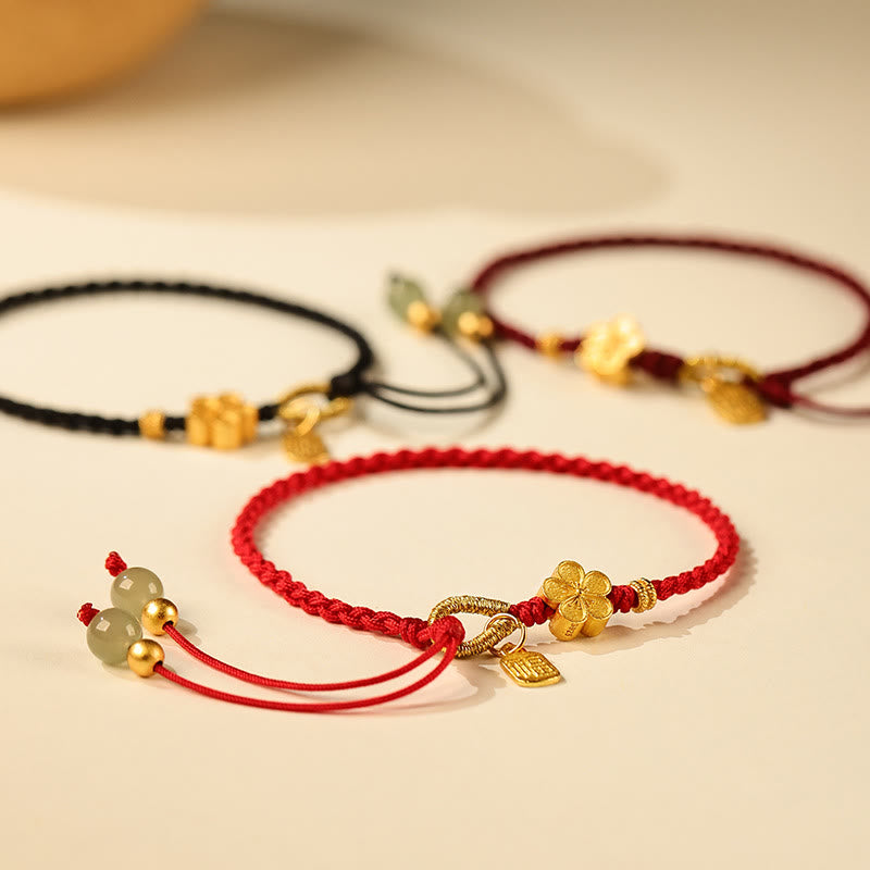 Braccialetto portafortuna con ciondolo a forma di carattere Fu in giada Hetian con Buddha Stones e piccoli fiori di pesco