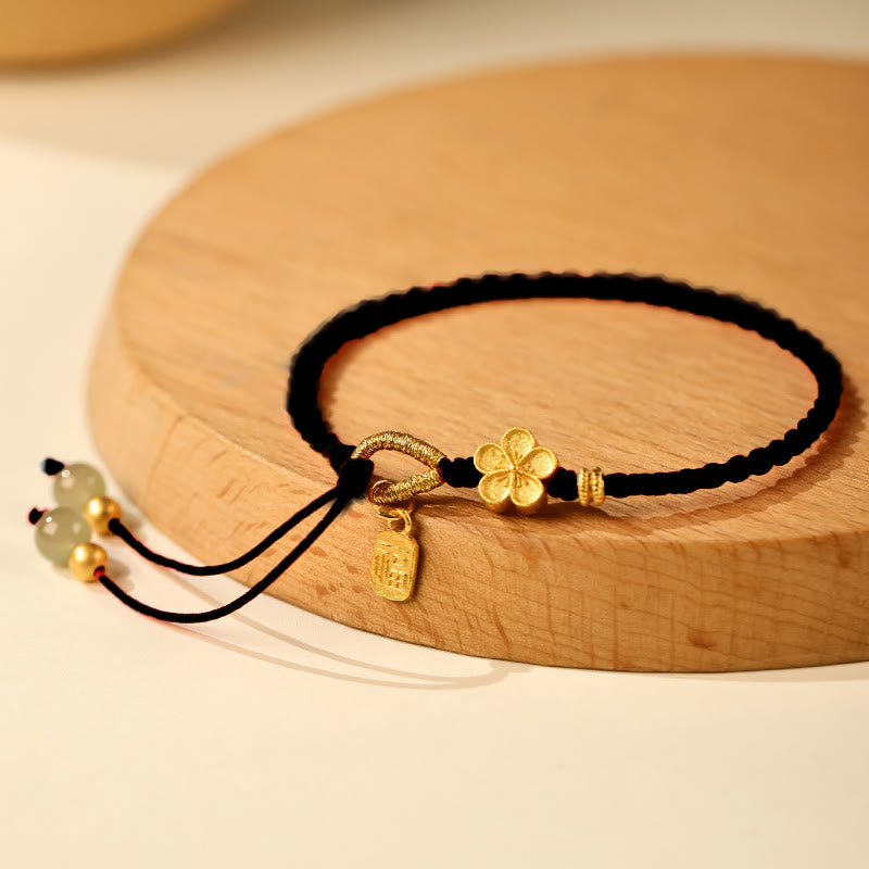 Braccialetto portafortuna con ciondolo a forma di carattere Fu in giada Hetian con Buddha Stones e piccoli fiori di pesco