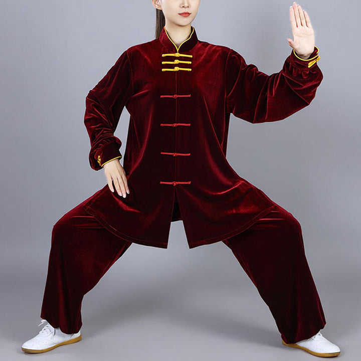 Buddha Stones 2 pezzi autunno inverno Tai Chi Qigong pratica unisex rana-bottoni meditazione velluto abbigliamento set - Rosso scuro - 3XL- ADATTO PER USA/UK/AU/UE - XL - image 2