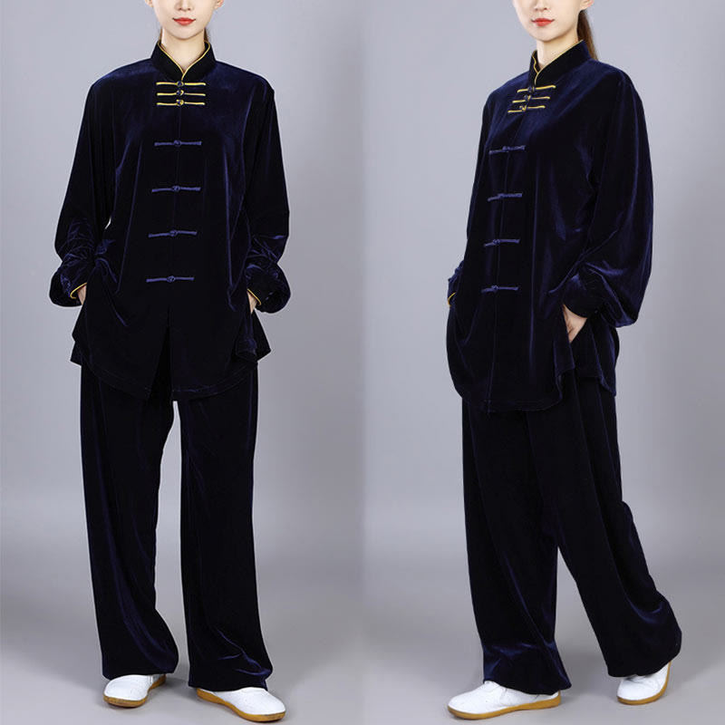 Buddha Stones 2 pezzi autunno inverno Tai Chi Qigong pratica unisex rana-bottoni meditazione velluto abbigliamento set - image 1