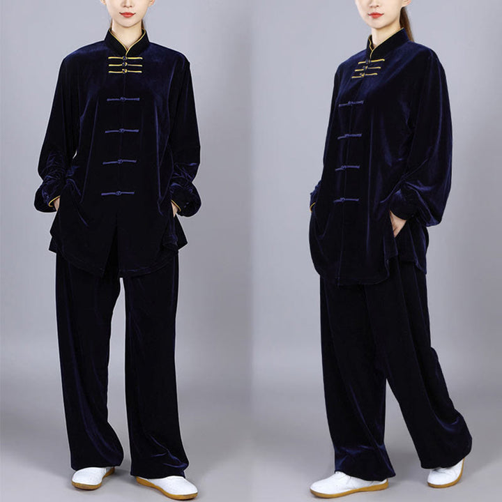 Buddha Stones 2 pezzi autunno inverno Tai Chi Qigong pratica unisex rana-bottoni meditazione velluto abbigliamento set - image 1