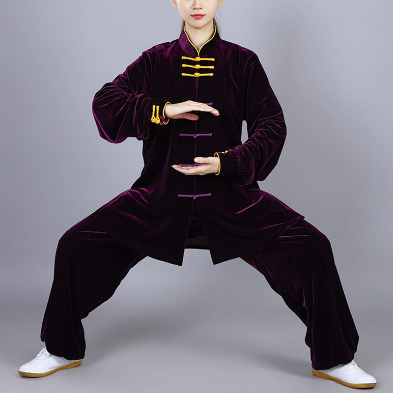 Buddha Stones 2 pezzi autunno inverno Tai Chi Qigong pratica unisex rana-bottoni meditazione velluto abbigliamento set - image 15