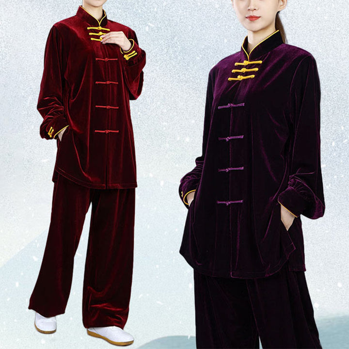 Buddha Stones 2 pezzi autunno inverno Tai Chi Qigong pratica unisex rana-bottoni meditazione velluto abbigliamento set - image 20