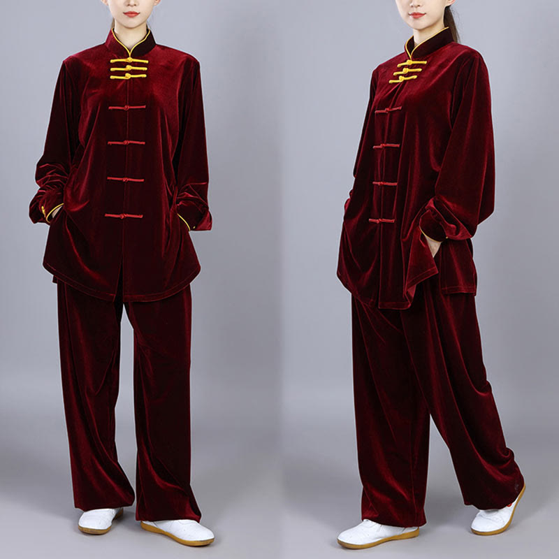 Buddha Stones 2 pezzi autunno inverno Tai Chi Qigong pratica unisex rana-bottoni meditazione velluto abbigliamento set - image 4