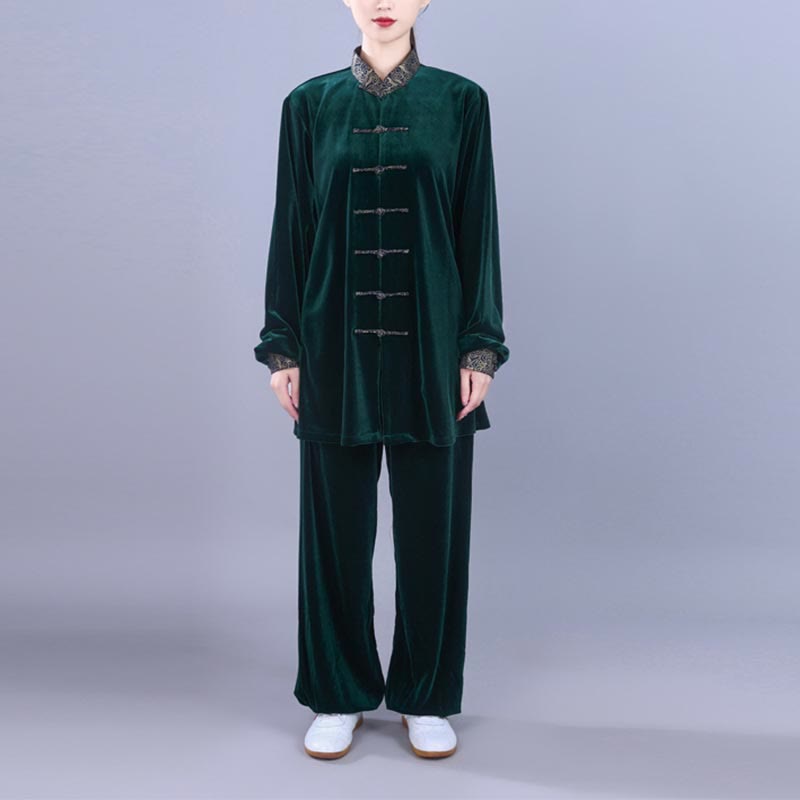 Buddha Stones 2 pezzi autunno inverno Tai Chi Qigong nuvole di buon auspicio colletto alto rana-bottoni unisex velluto meditazione abbigliamento set - image 18