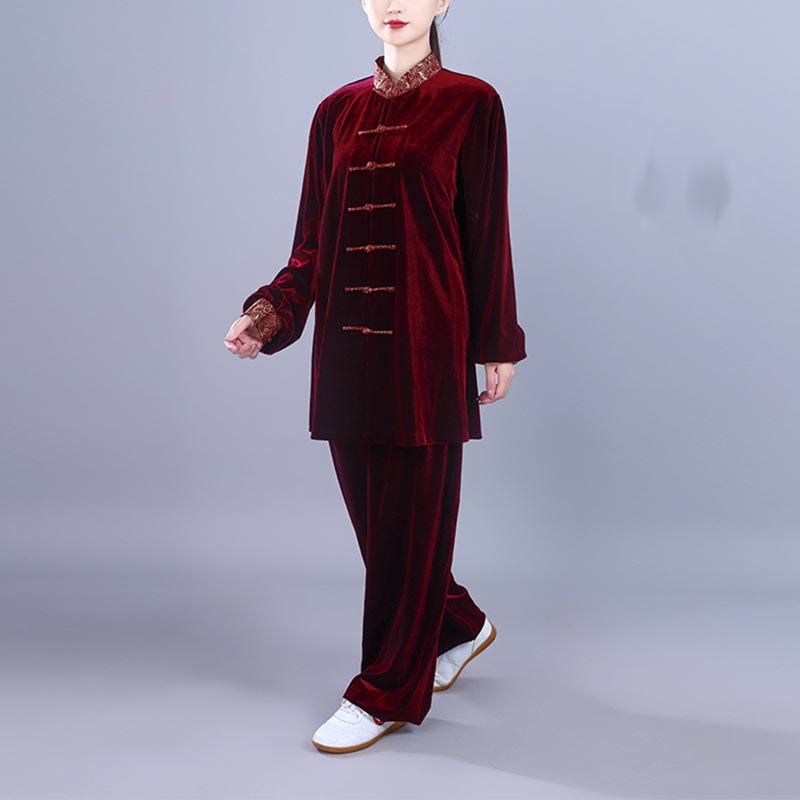 Buddha Stones 2 pezzi autunno inverno Tai Chi Qigong nuvole di buon auspicio colletto alto rana-bottoni unisex velluto meditazione abbigliamento set - image 4