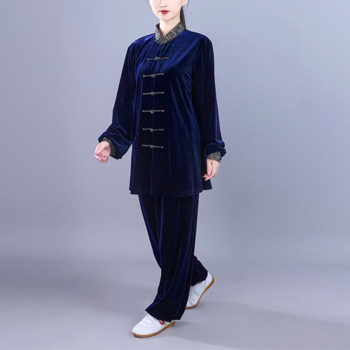 Buddha Stones 2 pezzi autunno inverno Tai Chi Qigong nuvole di buon auspicio colletto alto rana-bottoni unisex velluto meditazione abbigliamento set - image 14