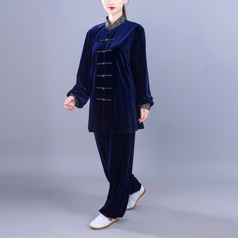 Buddha Stones 2 pezzi autunno inverno Tai Chi Qigong nuvole di buon auspicio colletto alto rana-bottoni unisex velluto meditazione abbigliamento set - image 14