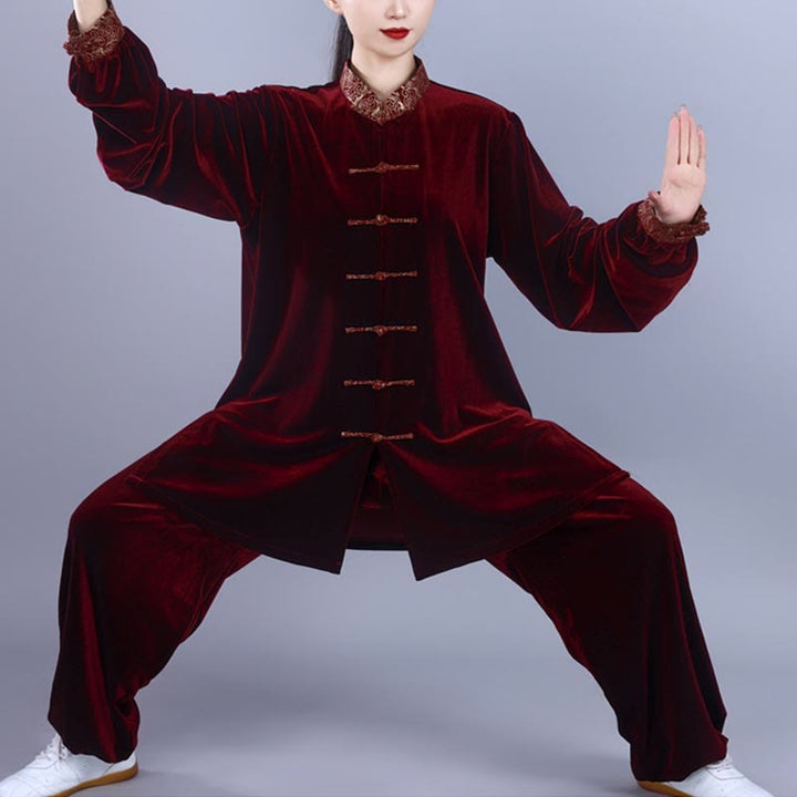 Buddha Stones 2 pezzi autunno inverno Tai Chi Qigong nuvole di buon auspicio colletto alto rana-bottoni unisex velluto meditazione abbigliamento set - Rosso scuro - 3XL- ADATTO PER USA/UK/AU/UE - XL - image 0